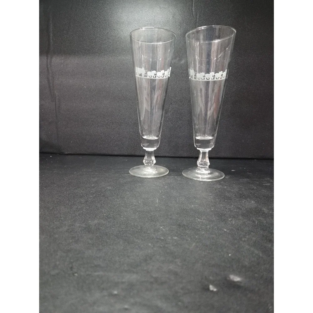 Anheuser Busch Glass Pilsners, Set of 2, Clydesdales Wagon Etched, Beer‎ Glasses